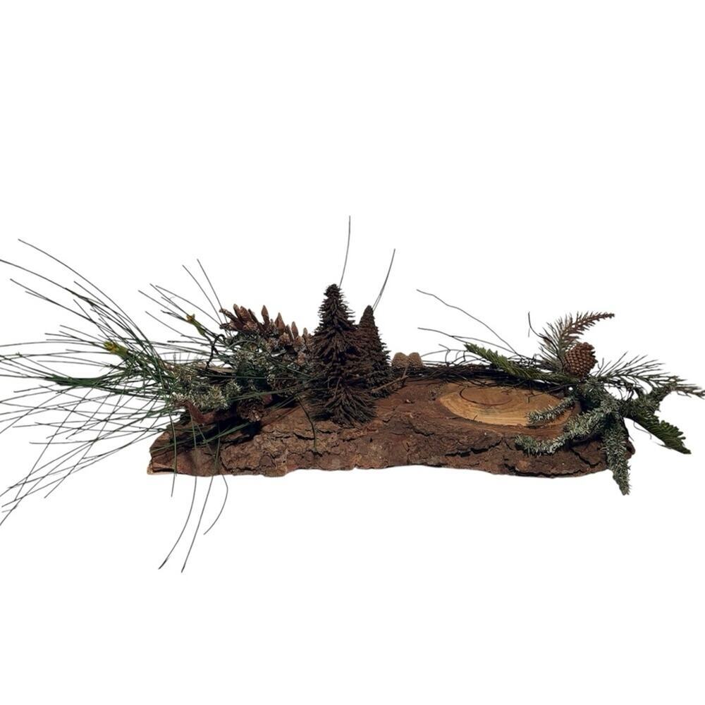 Rustic Woodsy Holiday Log Candleholder Diorama with Snowy Trees and Pinecones